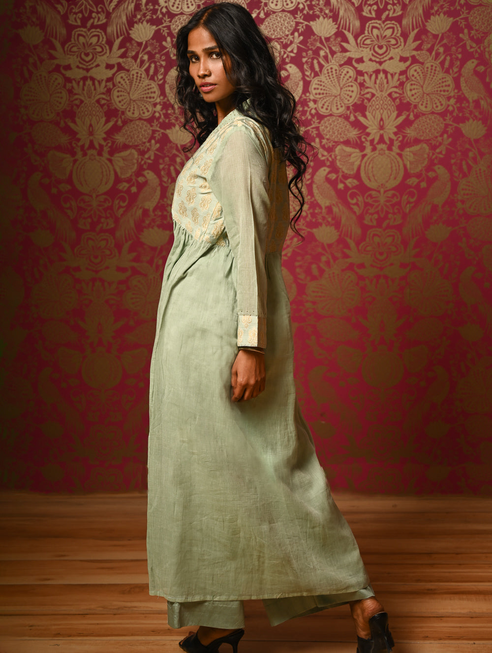 Regal Elegance. Benaras Cotton Long Dress / Kurta Set -  Mint Ornate, (2 pc set)