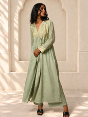 Regal Elegance. Benaras Cotton Long Dress / Kurta Set -  Mint Ornate, (2 pc set)