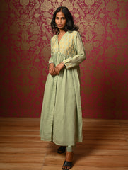Regal Elegance. Benaras Cotton Long Dress / Kurta Set -  Mint Ornate, (2 pc set)