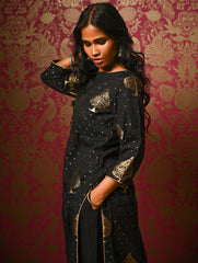 Regal Elegance. Benarasi Chanderi Straight Kurta Set - Black & Gold, (2 pc set) 
