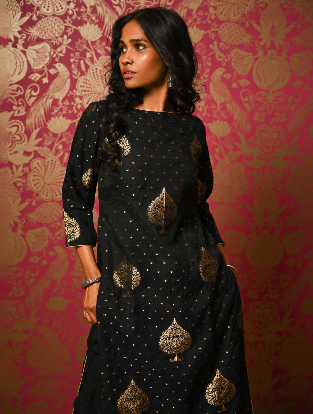 Regal Elegance. Benarasi Chanderi Straight Kurta Set - Black & Gold, (2 pc set) 