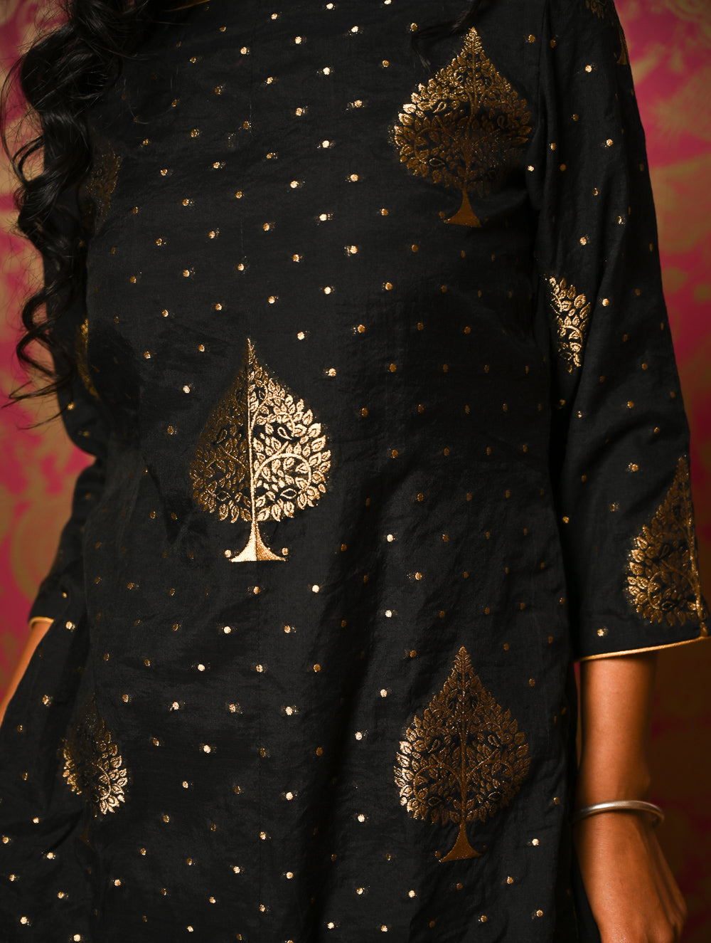 Regal Elegance. Benarasi Chanderi Straight Kurta Set - Black & Gold, (2 pc set) 