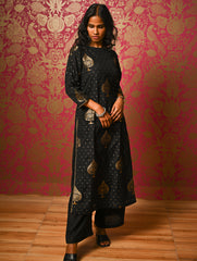 Regal Elegance. Benarasi Chanderi Straight Kurta Set - Black & Gold, (2 pc set) 