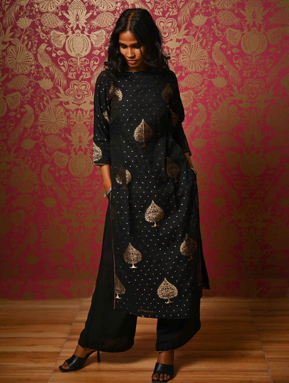 Regal Elegance. Benarasi Chanderi Straight Kurta Set - Black & Gold, (2 pc set) 