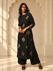 Regal Elegance. Benarasi Chanderi Straight Kurta Set - Black & Gold, (2 pc set)