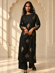 Regal Elegance. Benarasi Chanderi Straight Kurta Set - Black & Gold, (2 pc set)