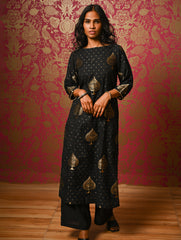 Regal Elegance. Benarasi Chanderi Straight Kurta Set - Black & Gold, (2 pc set) 