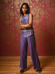 Elegant Dabu Block Printed Chanderi Trouser Set - Lavender Forest, (2 pc set)