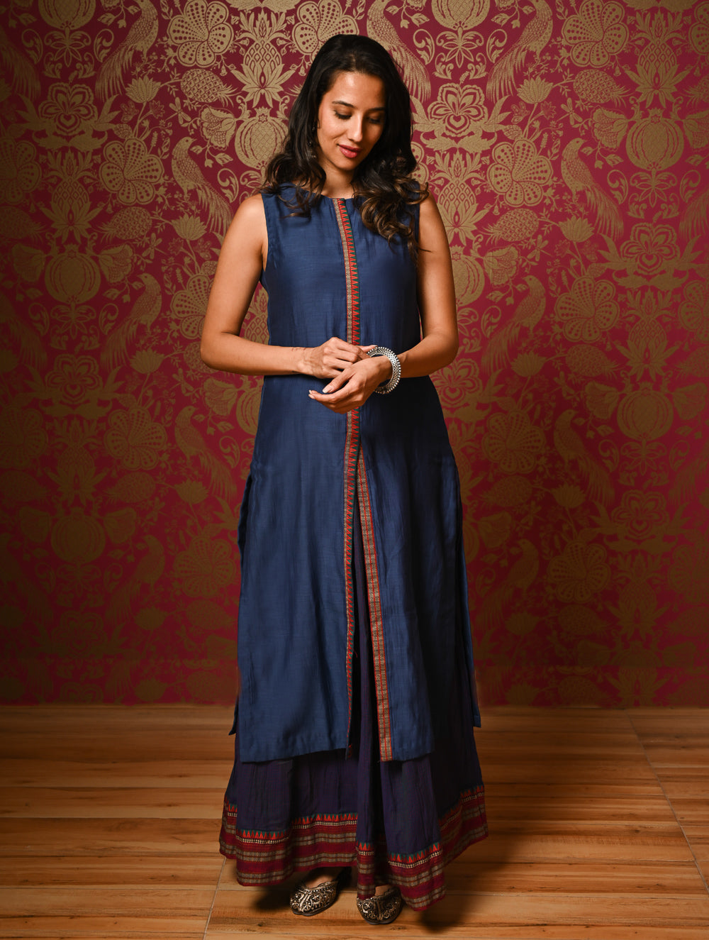 Light Festive. Soft Mul Cotton & Chanderi Narayanpet Kali Skirt & Long Kurta Set - Sapphire Moods, (2 pc set)  