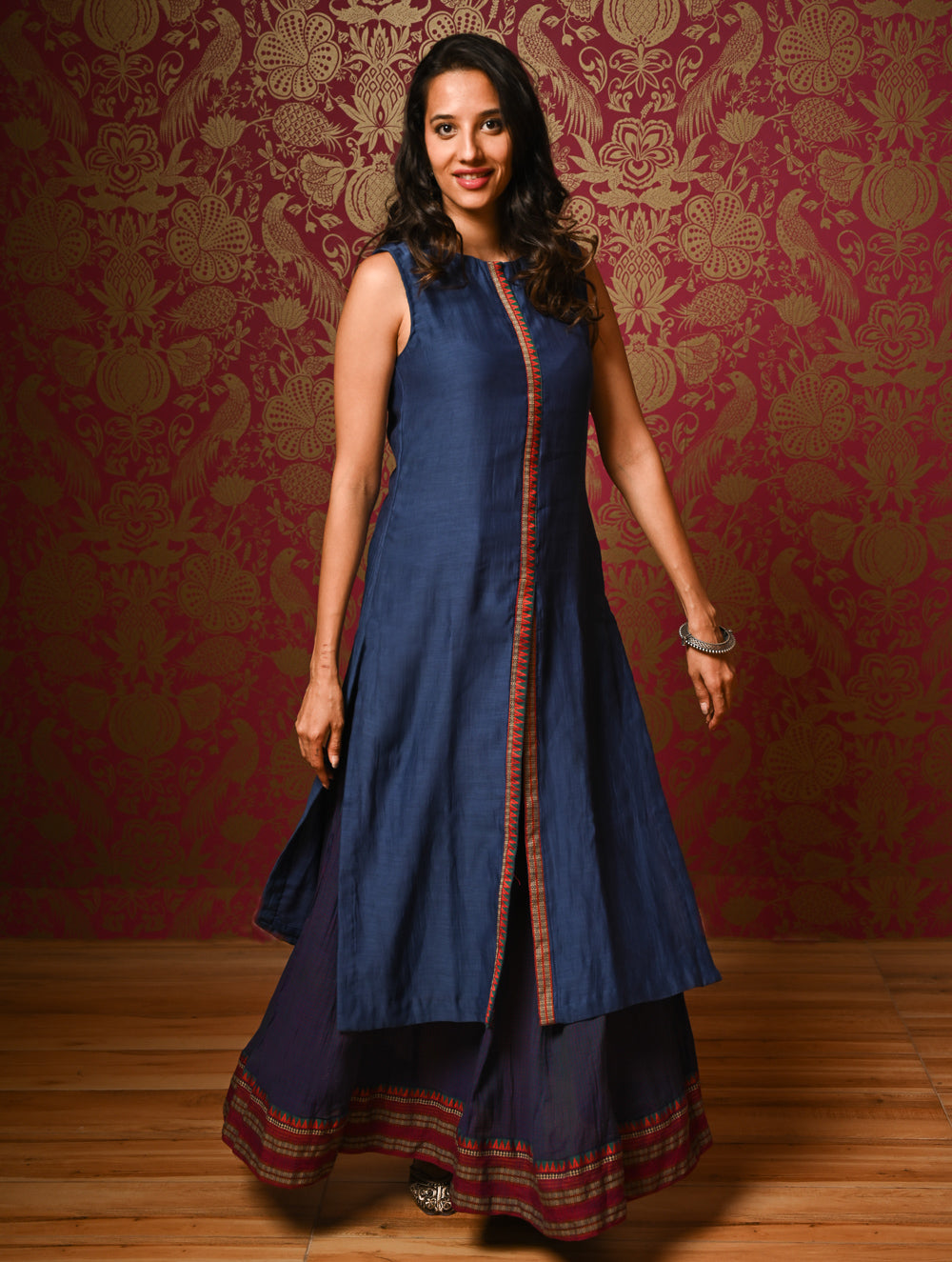 Light Festive. Soft Mul Cotton & Chanderi Narayanpet Kali Skirt & Long Kurta Set - Sapphire Moods, (2 pc set)  