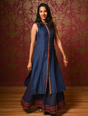 Light Festive. Soft Mul Cotton & Chanderi Narayanpet Kali Skirt & Long Kurta Set - Sapphire Moods, (2 pc set)  