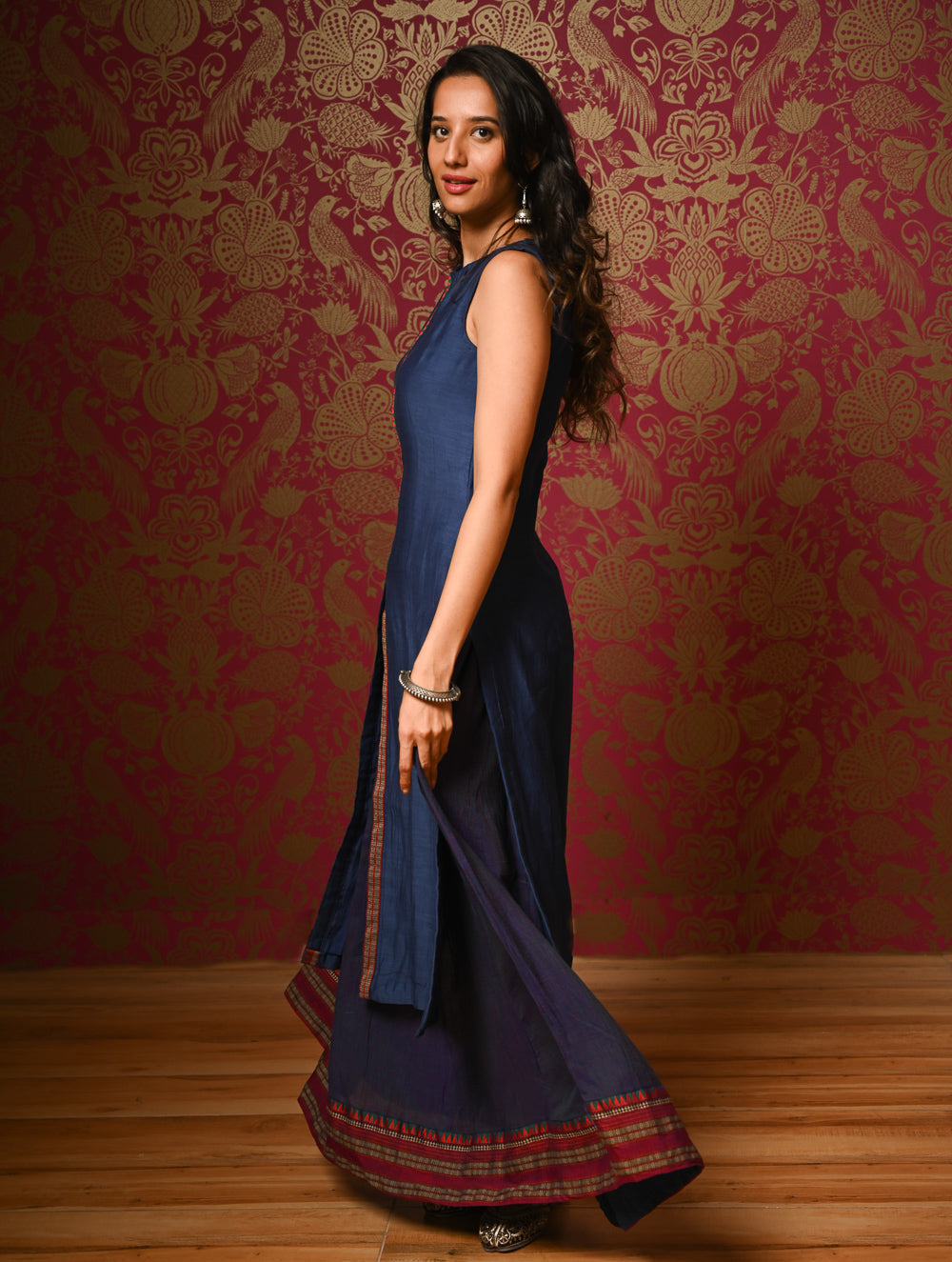 Light Festive. Soft Mul Cotton & Chanderi Narayanpet Kali Skirt & Long Kurta Set - Sapphire Moods, (2 pc set)  