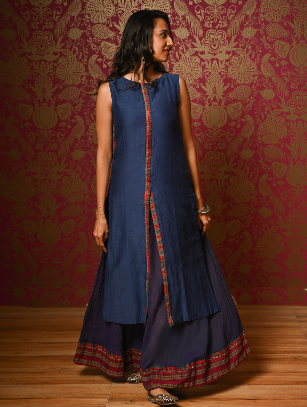 Light Festive. Soft Mul Cotton & Chanderi Narayanpet Kali Skirt & Long Kurta Set - Sapphire Moods, (2 pc set)  