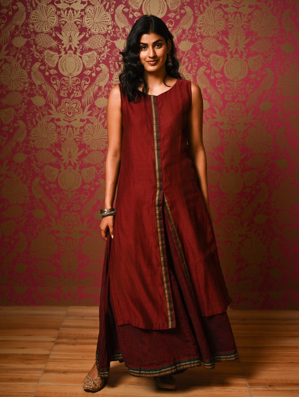 Light Festive. Soft Mul Cotton & Chanderi Narayanpet Kali Skirt & Long Kurta Set - Summer Wine, (2 pc set)  