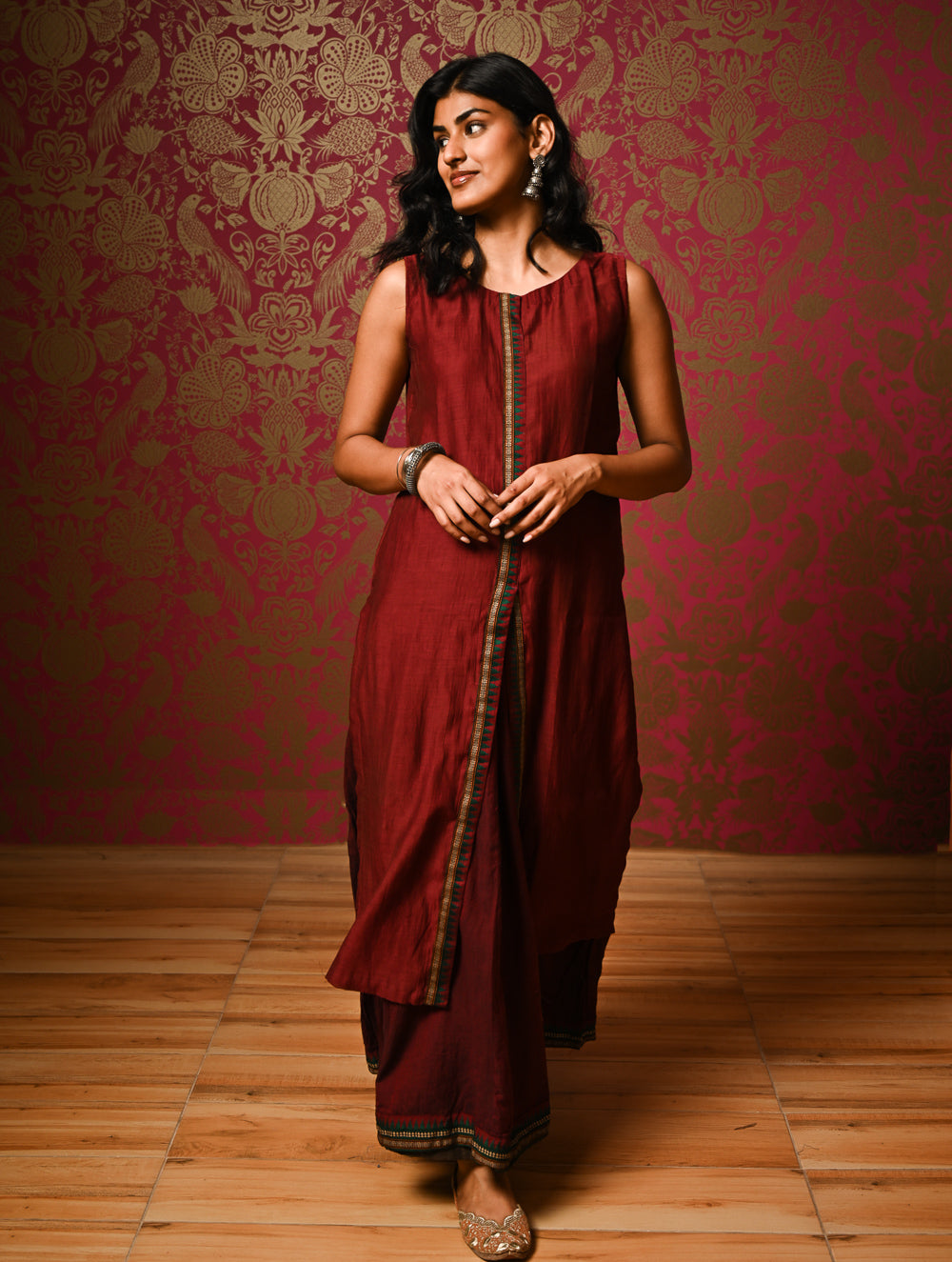 Light Festive. Soft Mul Cotton & Chanderi Narayanpet Kali Skirt & Long Kurta Set - Summer Wine, (2 pc set)  