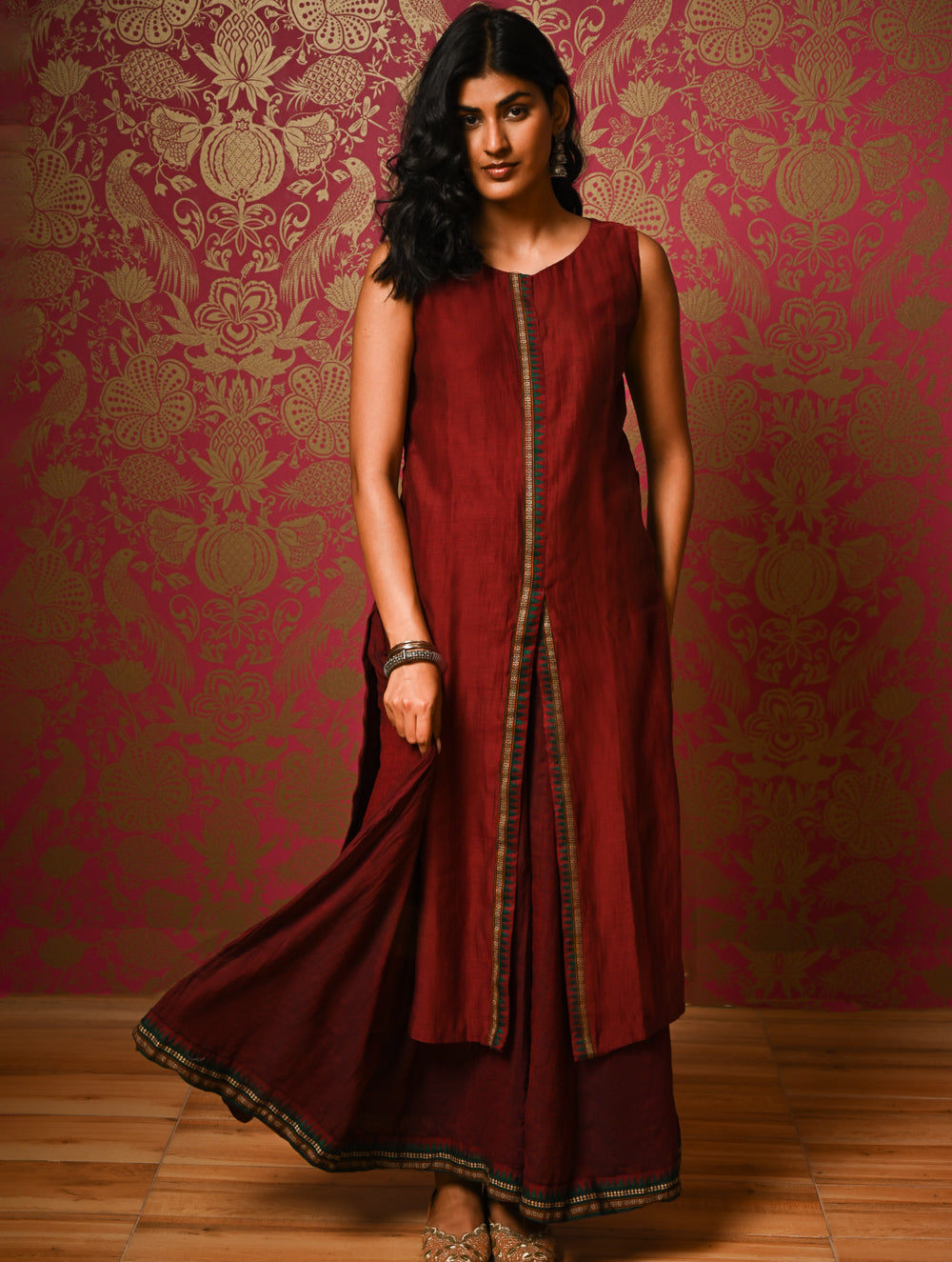 Light Festive. Soft Mul Cotton & Chanderi Narayanpet Kali Skirt & Long Kurta Set - Summer Wine, (2 pc set)  