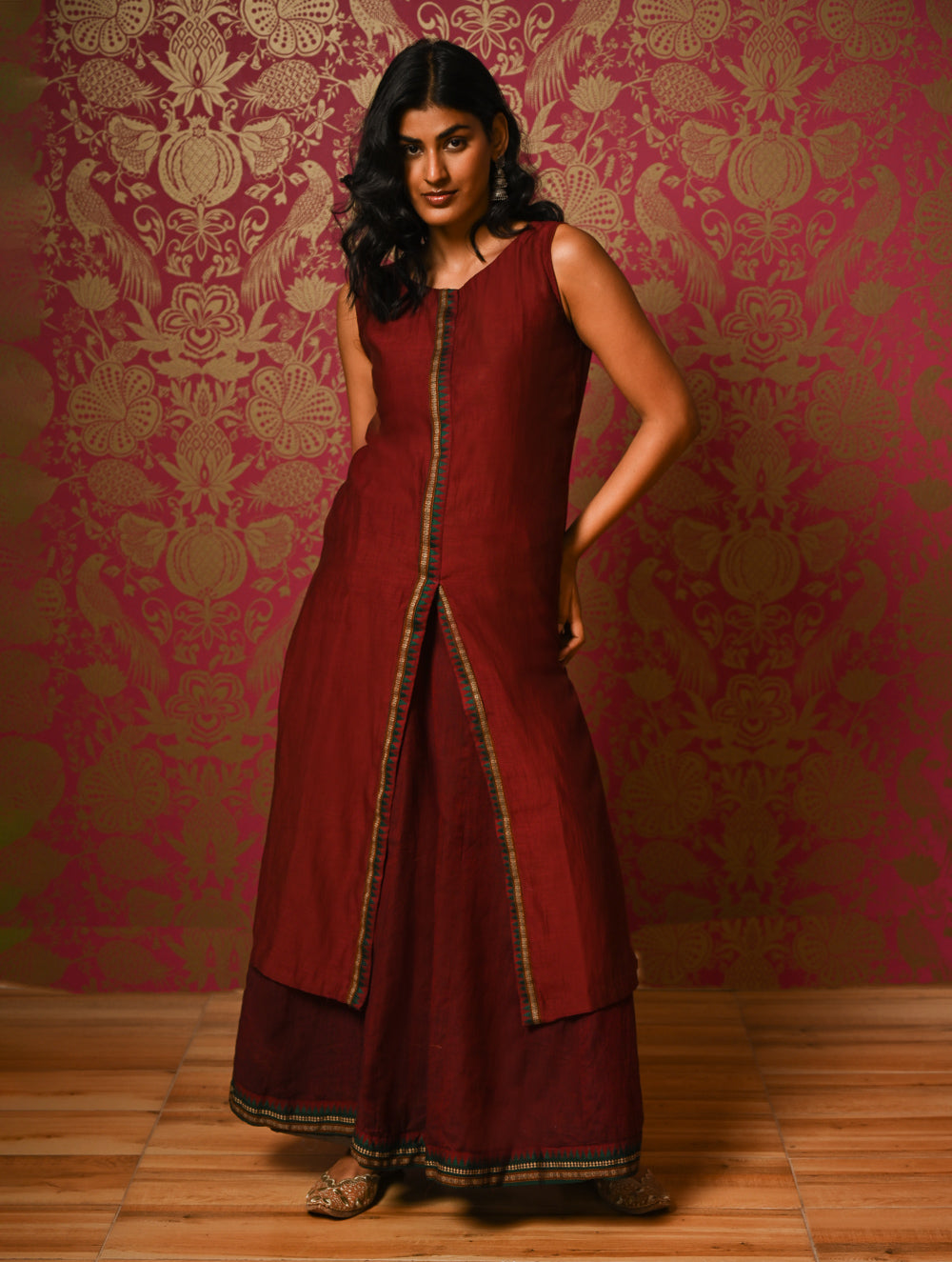 Light Festive. Soft Mul Cotton & Chanderi Narayanpet Kali Skirt & Long Kurta Set - Summer Wine, (2 pc set)  