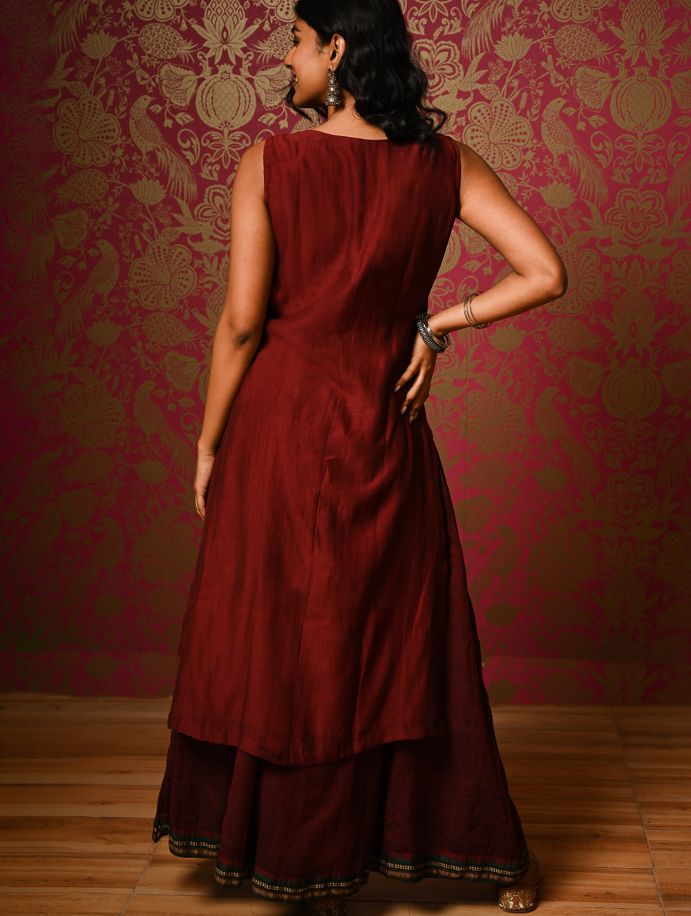 Light Festive. Soft Mul Cotton & Chanderi Narayanpet Kali Skirt & Long Kurta Set - Summer Wine, (2 pc set)  