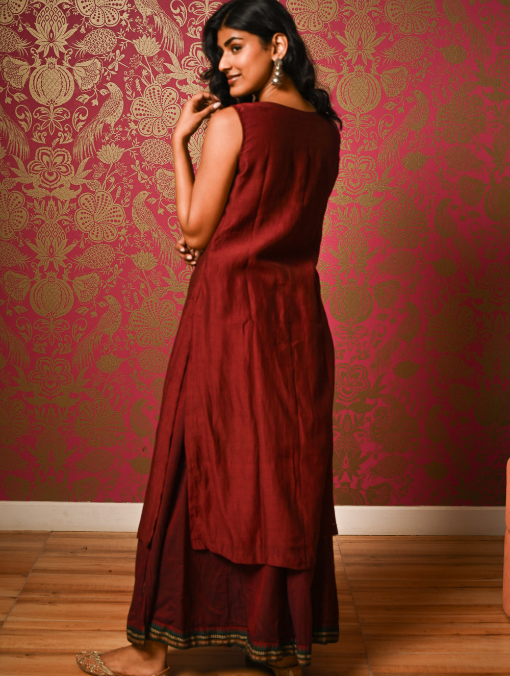 Light Festive. Soft Mul Cotton & Chanderi Narayanpet Kali Skirt & Long Kurta Set - Summer Wine, (2 pc set)  