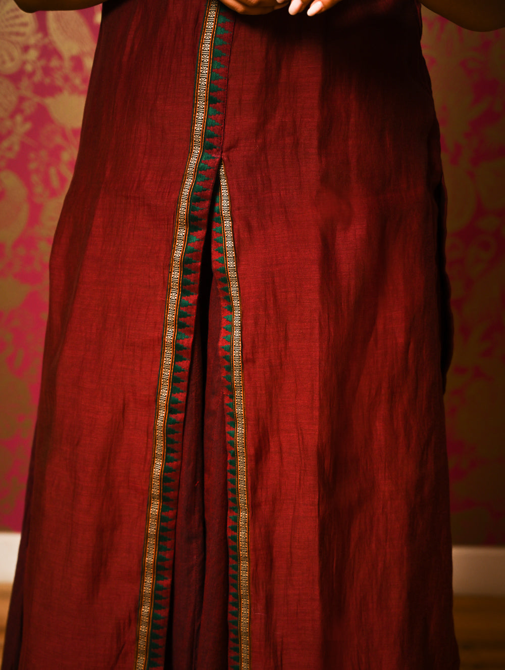 Light Festive. Soft Mul Cotton & Chanderi Narayanpet Kali Skirt & Long Kurta Set - Summer Wine, (2 pc set)  