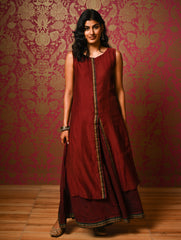 Light Festive. Soft Mul Cotton & Chanderi Narayanpet Kali Skirt & Long Kurta Set - Summer Wine, (2 pc set)  