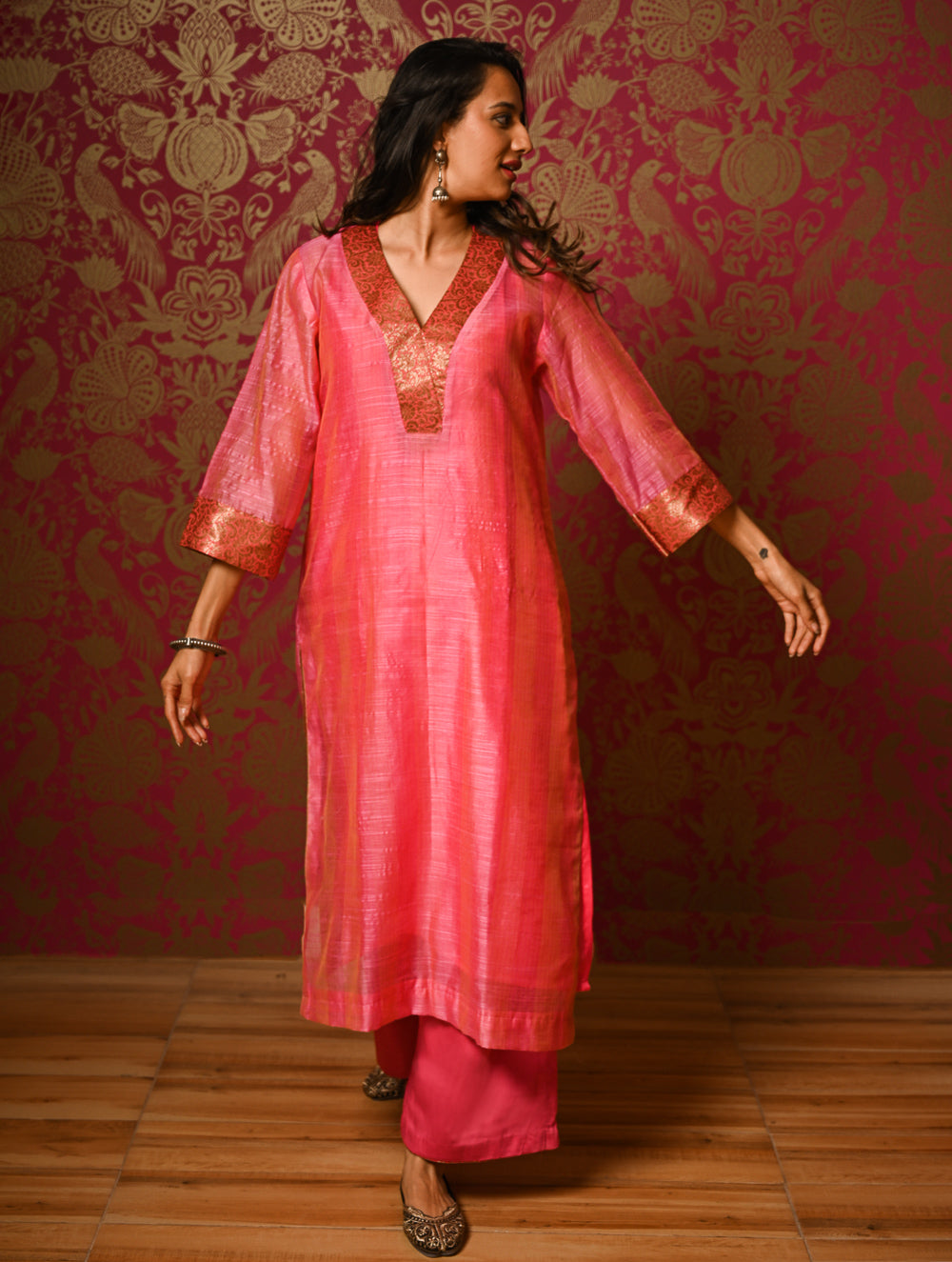 Light Festive. Soft Chanderi & Benarasi Brocade Long Kurta Set - Gulnaar, (2 pc set)