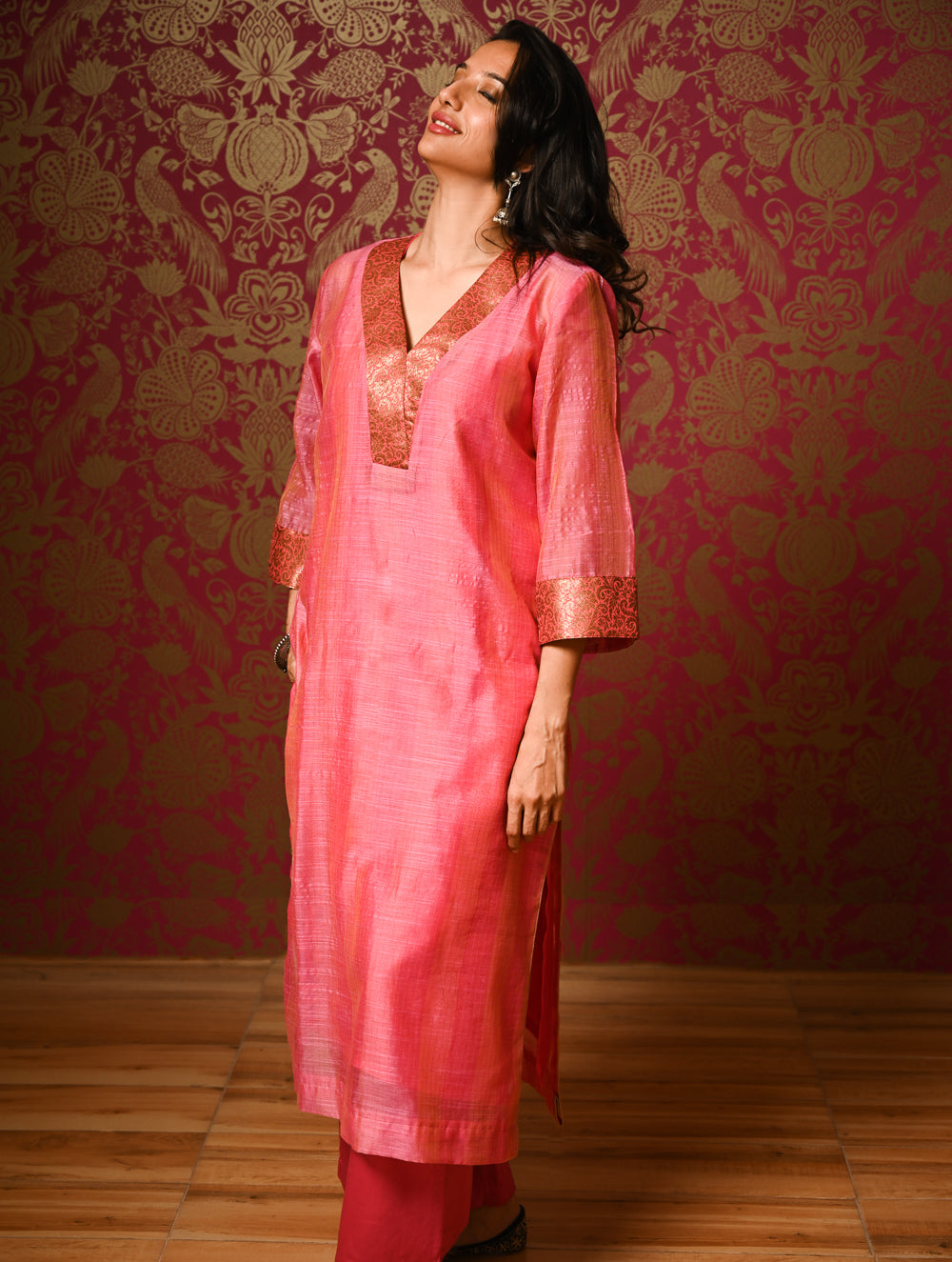 Light Festive. Soft Chanderi & Benarasi Brocade Long Kurta Set - Gulnaar, (2 pc set)