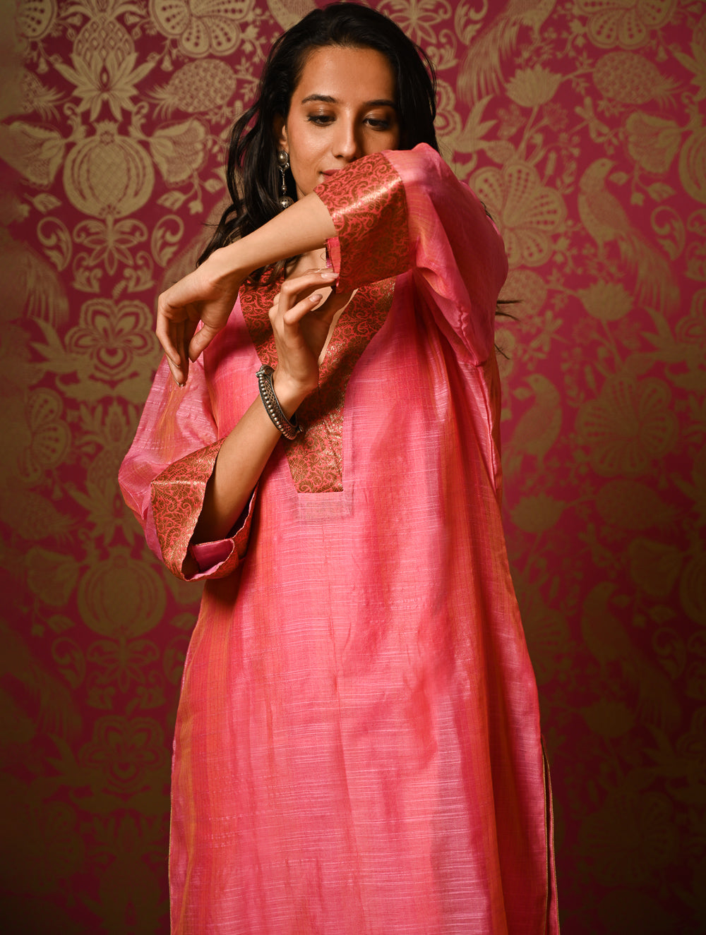 Light Festive. Soft Chanderi & Benarasi Brocade Long Kurta Set - Gulnaar, (2 pc set)