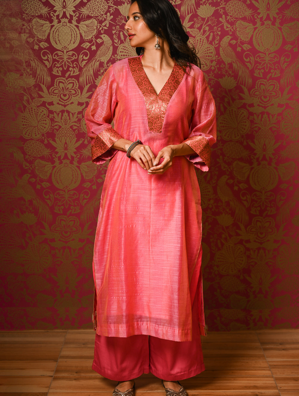 Light Festive. Soft Chanderi & Benarasi Brocade Long Kurta Set - Gulnaar, (2 pc set)