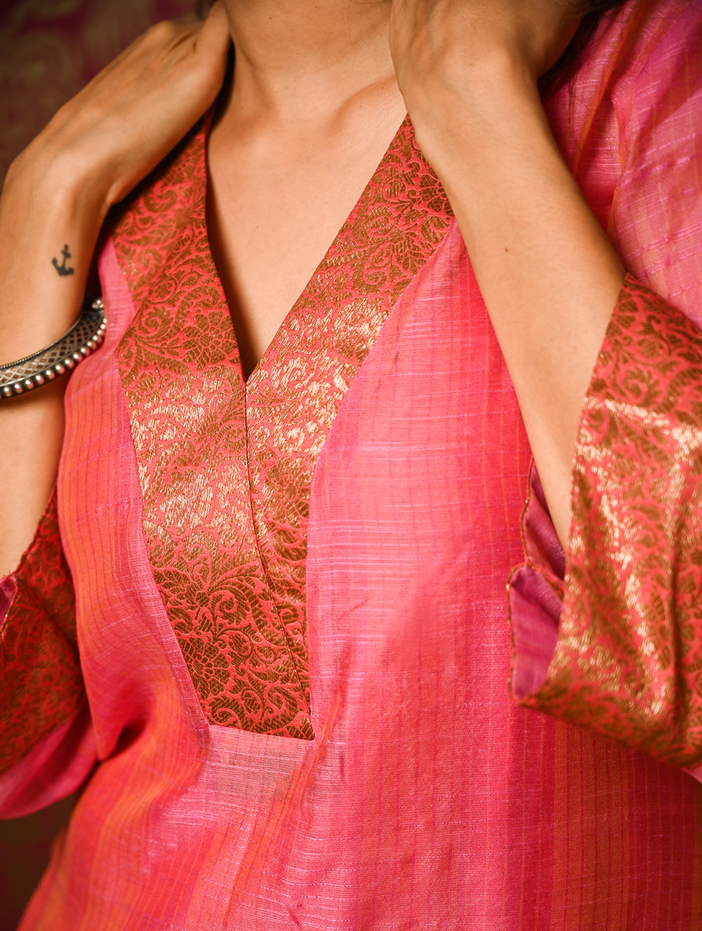Light Festive. Soft Chanderi & Benarasi Brocade Long Kurta Set - Gulnaar, (2 pc set)