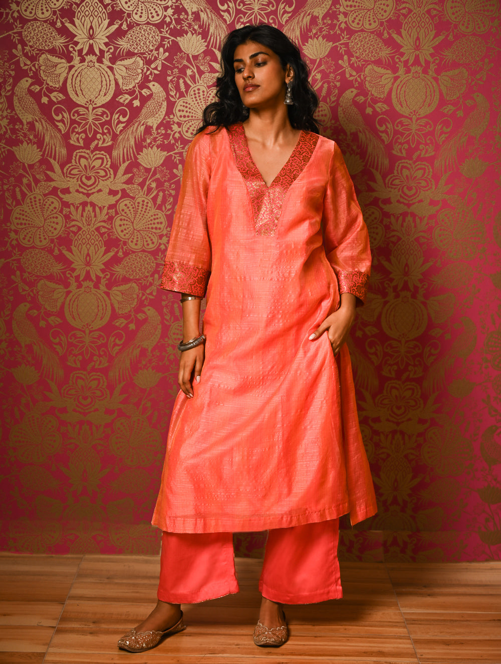 Light Festive. Soft Chanderi & Benarasi Brocade Long Kurta Set - Narangi, (2 pc set)