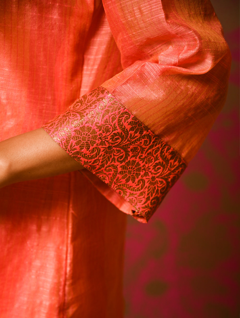 Light Festive. Soft Chanderi & Benarasi Brocade Long Kurta Set - Narangi, (2 pc set)