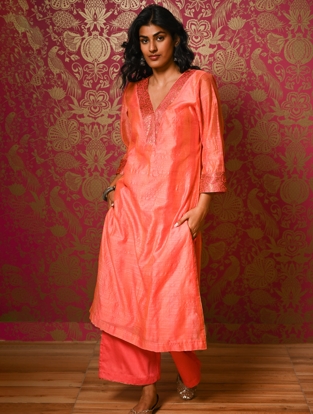 Light Festive. Soft Chanderi & Benarasi Brocade Long Kurta Set - Narangi, (2 pc set)
