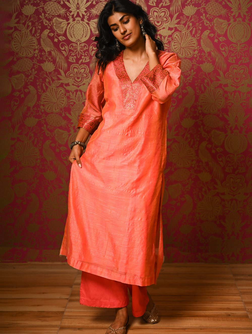 Light Festive. Soft Chanderi & Benarasi Brocade Long Kurta Set - Narangi, (2 pc set)