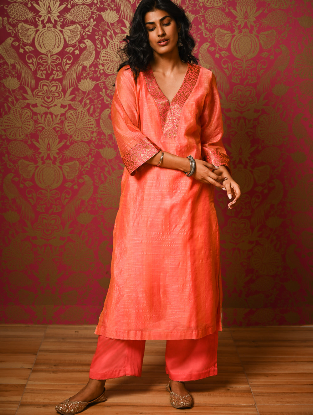 Light Festive. Soft Chanderi & Benarasi Brocade Long Kurta Set - Narangi, (2 pc set)