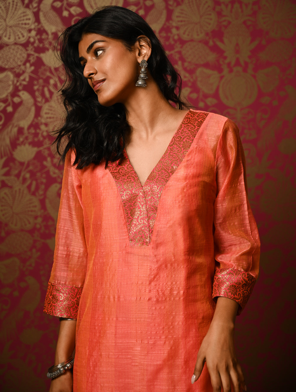 Light Festive. Soft Chanderi & Benarasi Brocade Long Kurta Set - Narangi, (2 pc set)