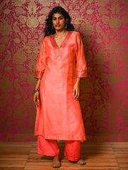 Light Festive. Soft Chanderi & Benarasi Brocade Long Kurta Set - Narangi, (2 pc set)