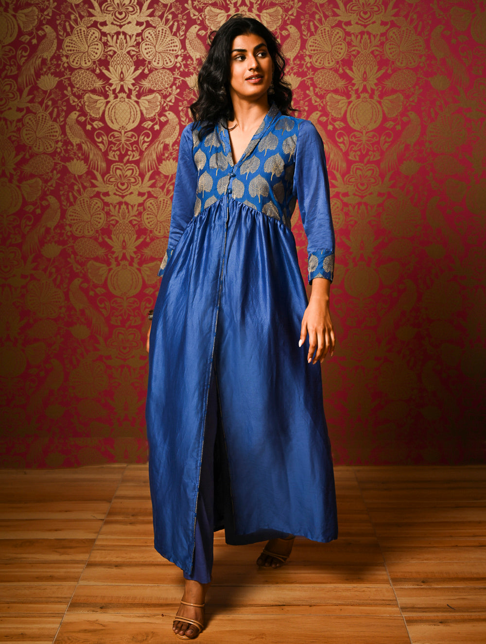 Regal Elegance. Chanderi Long Dress / Kurta Set - Neela Paan, (2 pc set)  