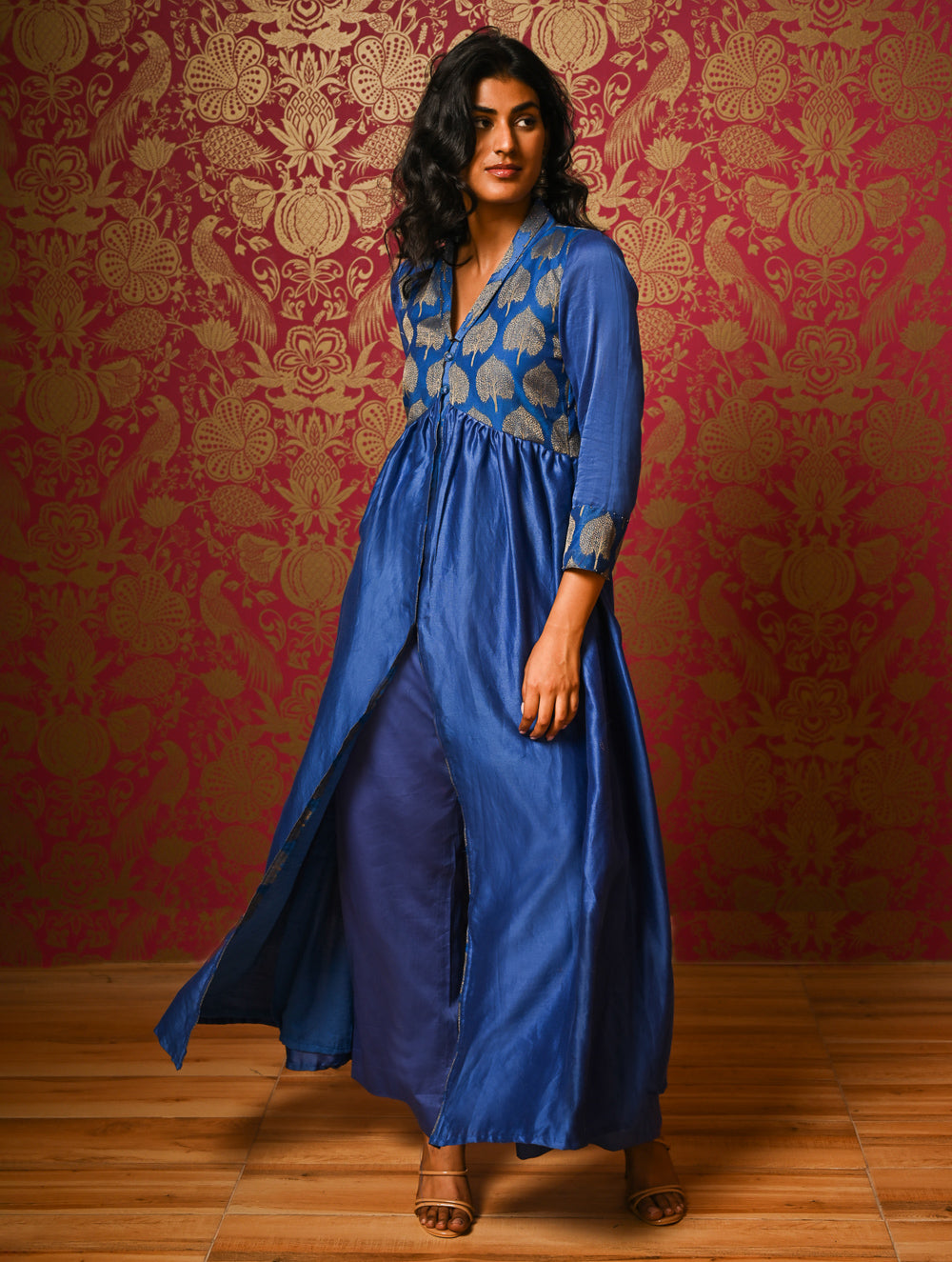Regal Elegance. Chanderi Long Dress / Kurta Set - Neela Paan, (2 pc set)  