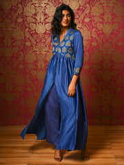 Regal Elegance. Chanderi Long Dress / Kurta Set - Neela Paan, (2 pc set)  