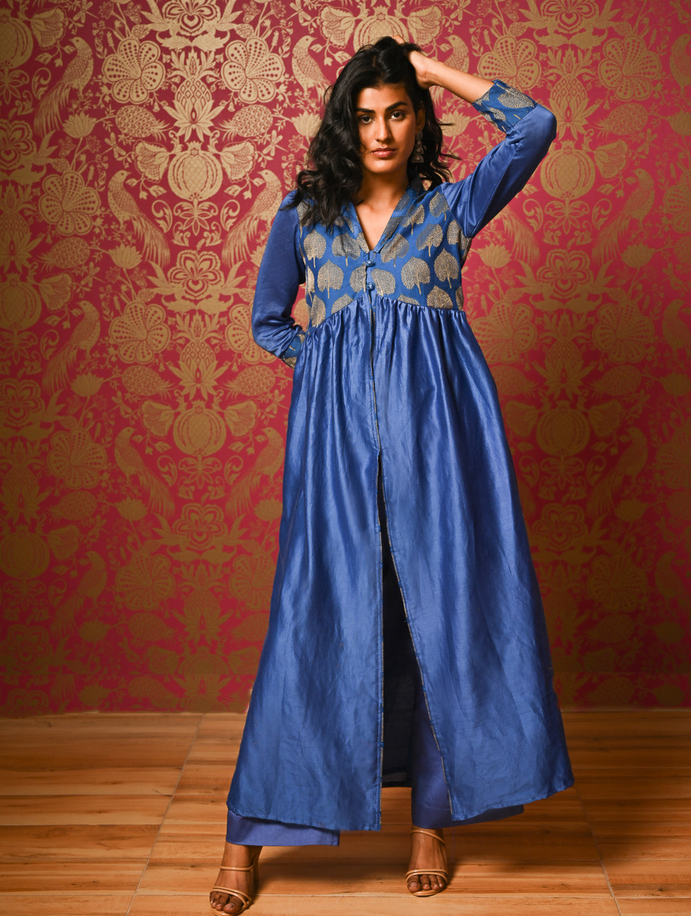 Regal Elegance. Chanderi Long Dress / Kurta Set - Neela Paan, (2 pc set)  