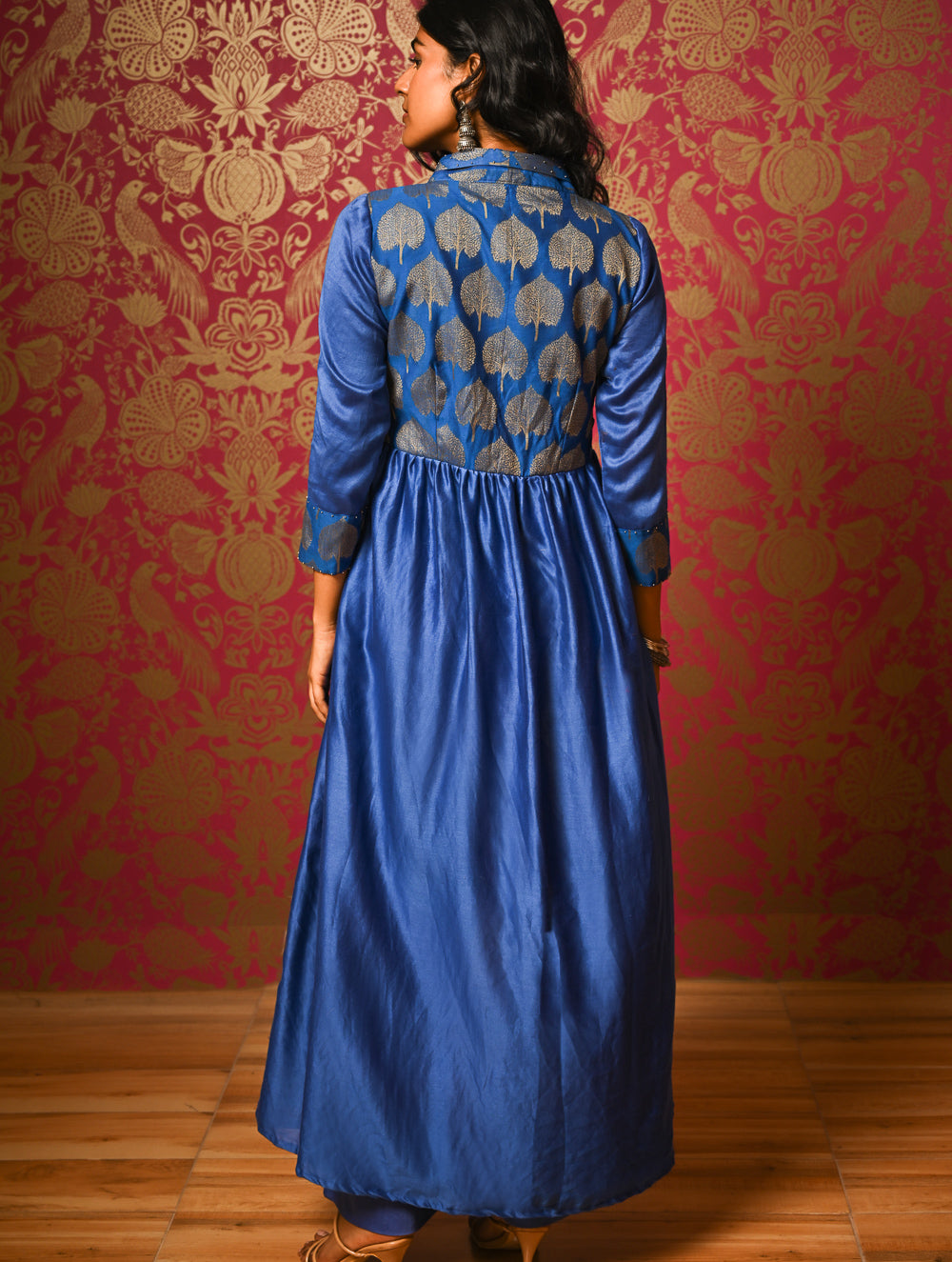 Regal Elegance. Chanderi Long Dress / Kurta Set - Neela Paan, (2 pc set)  