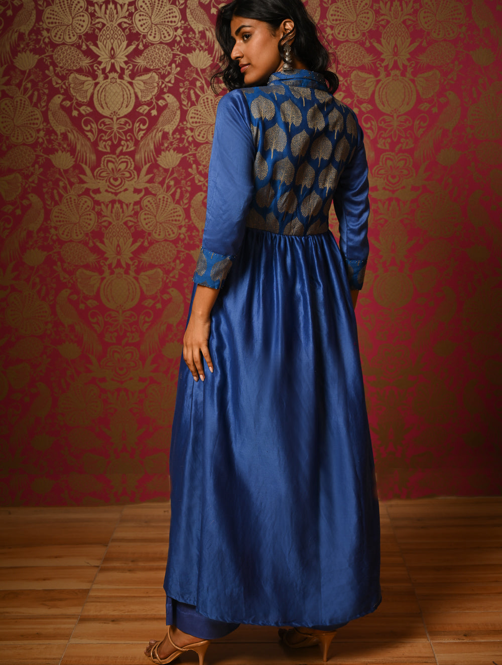 Regal Elegance. Chanderi Long Dress / Kurta Set - Neela Paan, (2 pc set)  