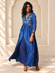 Regal Elegance. Chanderi Long Dress / Kurta Set - Neela Paan, (2 pc set)