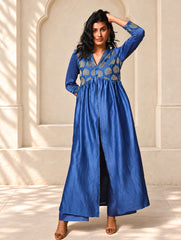 Regal Elegance. Chanderi Long Dress / Kurta Set - Neela Paan, (2 pc set)