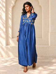 Regal Elegance. Chanderi Long Dress / Kurta Set - Neela Paan, (2 pc set)