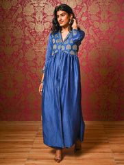 Regal Elegance. Chanderi Long Dress / Kurta Set - Neela Paan, (2 pc set)  