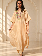 Regal Elegance. Hand Embroidered Kantha Chanderi Kaftan Kurta Set - Bahaar, (2 pc set)