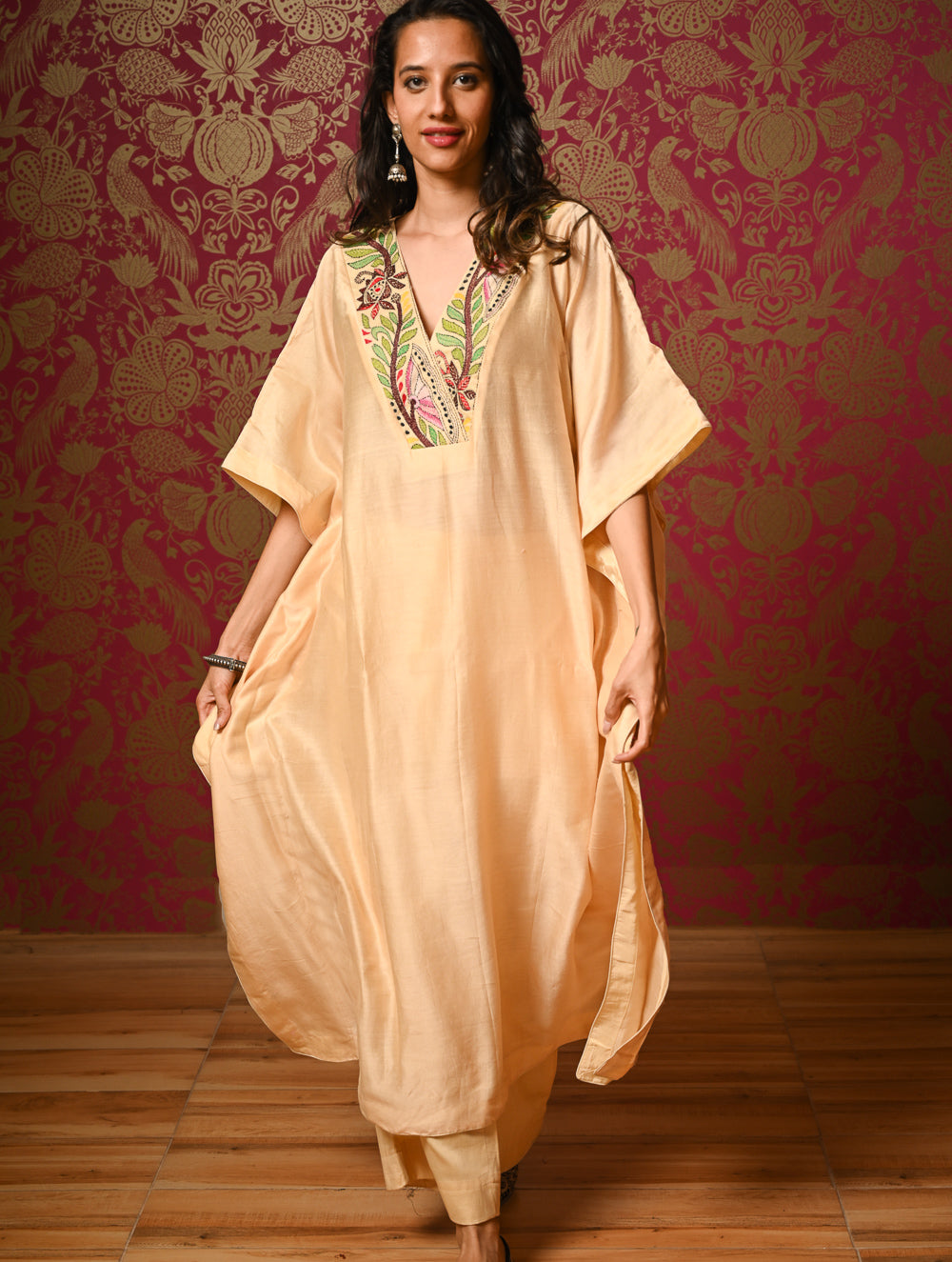 Regal Elegance. Hand Embroidered Kantha Chanderi Kaftan Kurta Set - Bahaar, (2 pc set)