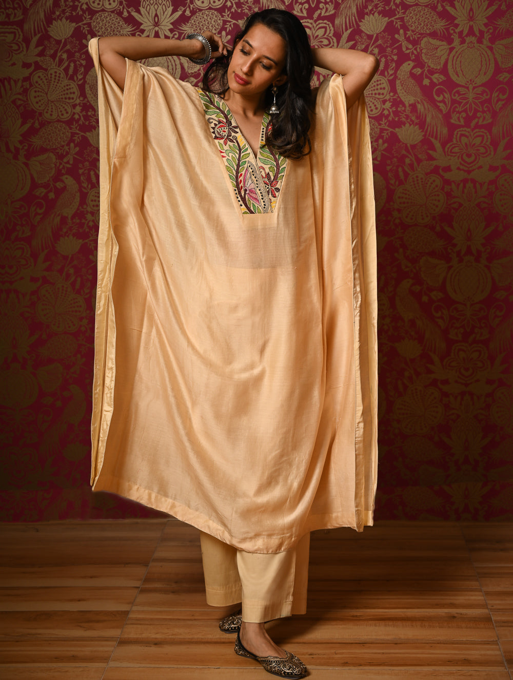 Regal Elegance. Hand Embroidered Kantha Chanderi Kaftan Kurta Set - Bahaar, (2 pc set)